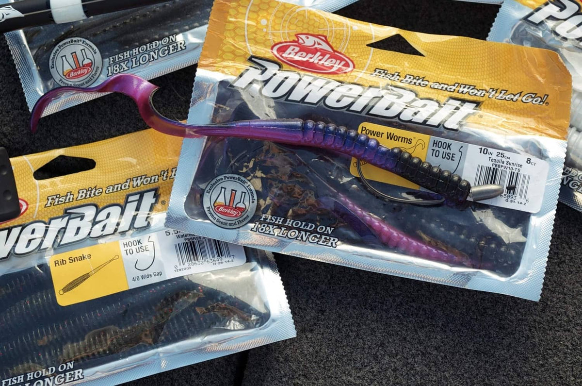 Berkley Powerbait soft plastic power worms package, purple and blue worms