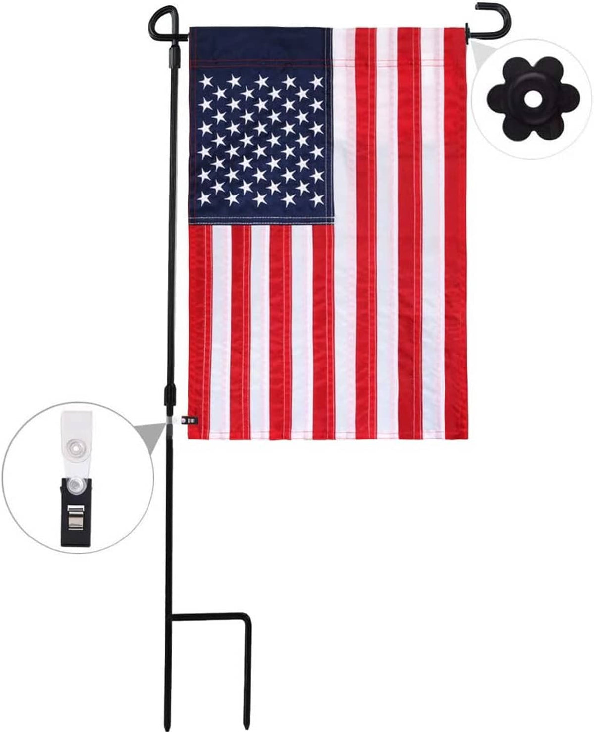 American garden flag on stakes with attached adjustable anti-wind clips and rubber stoppers
