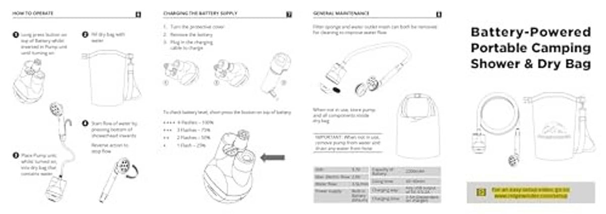 Instruction diagram for battery-powered portable camping shower with dry bag components