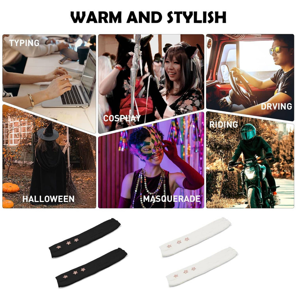 White and black star-print knitted arm warmers, fingerless with thumb openings