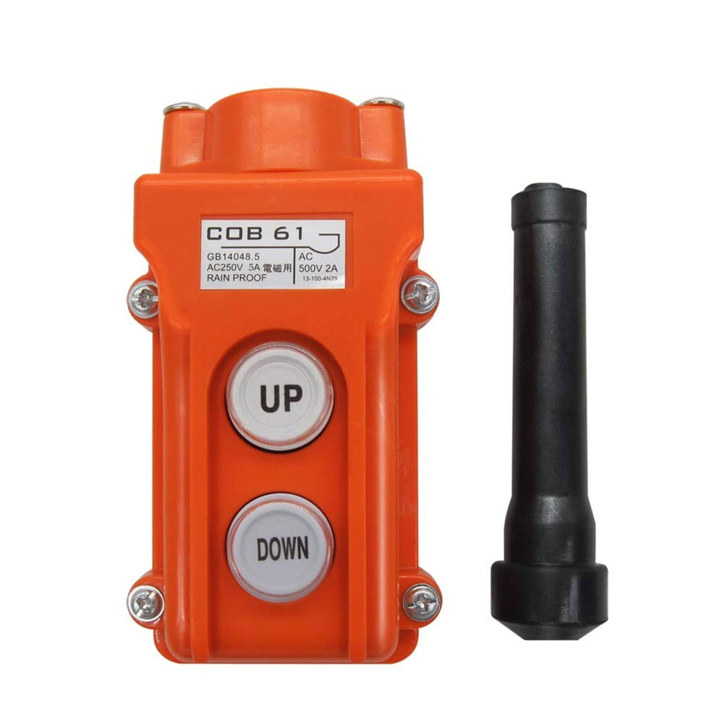 Orange rainproof hoist control with UP and DOWN buttons and side black cable plug