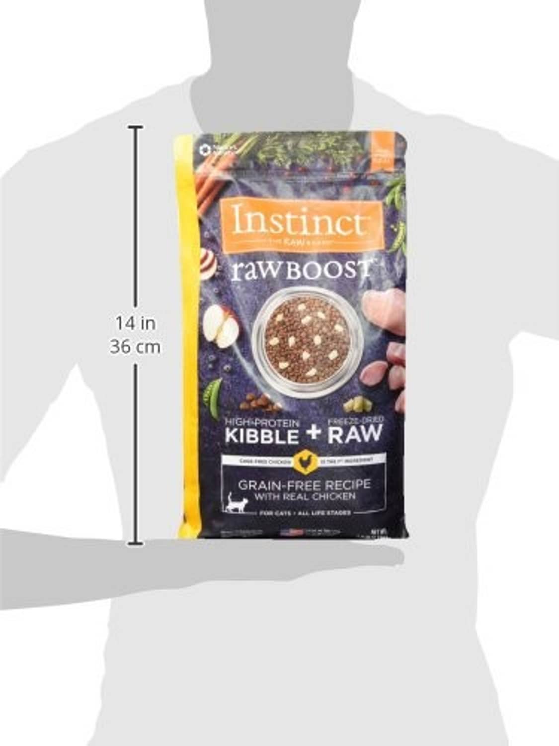 Grain-free dry cat food bag with size dimensions shown