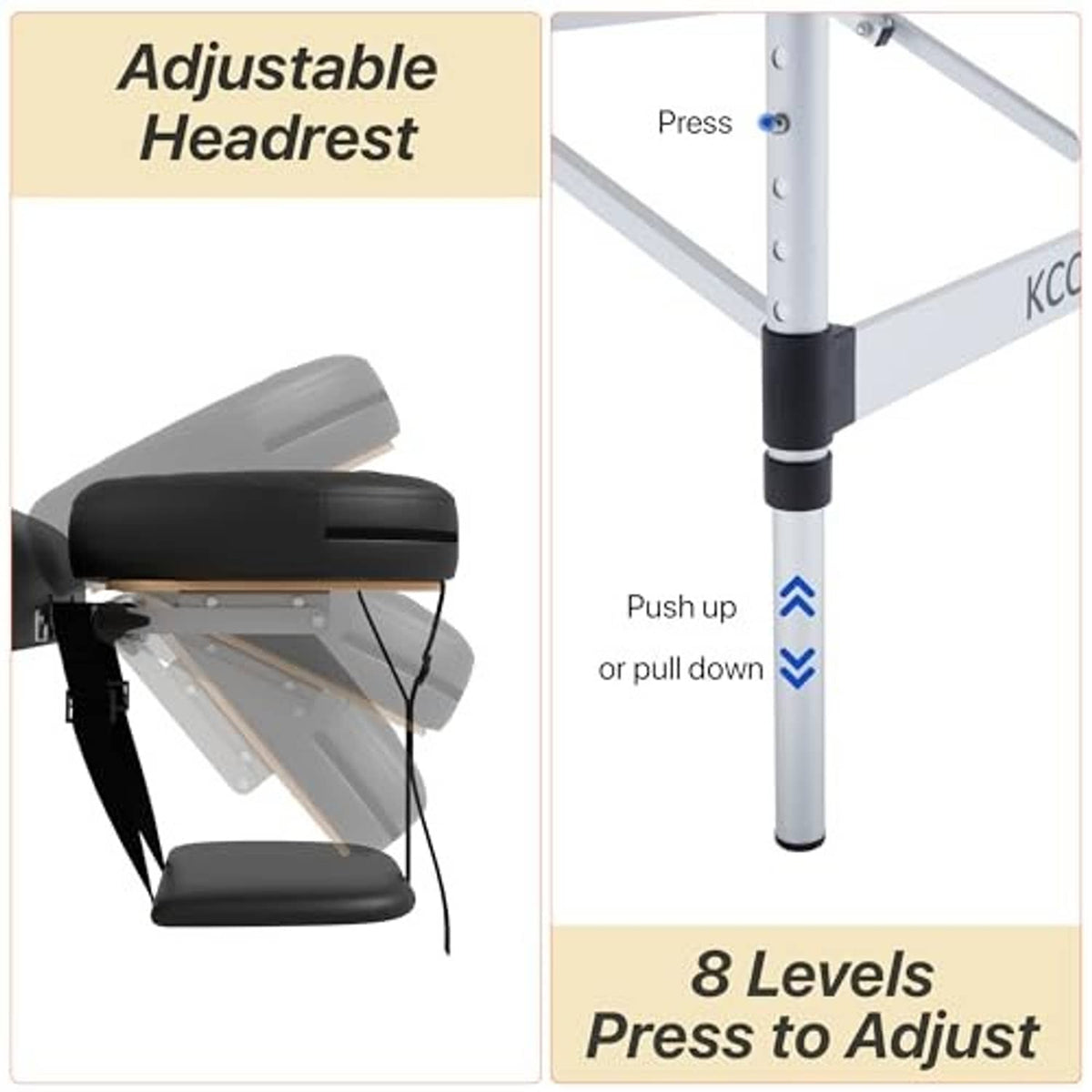 Adjustable massage table headrest with 8 levels press-to-adjust control panel