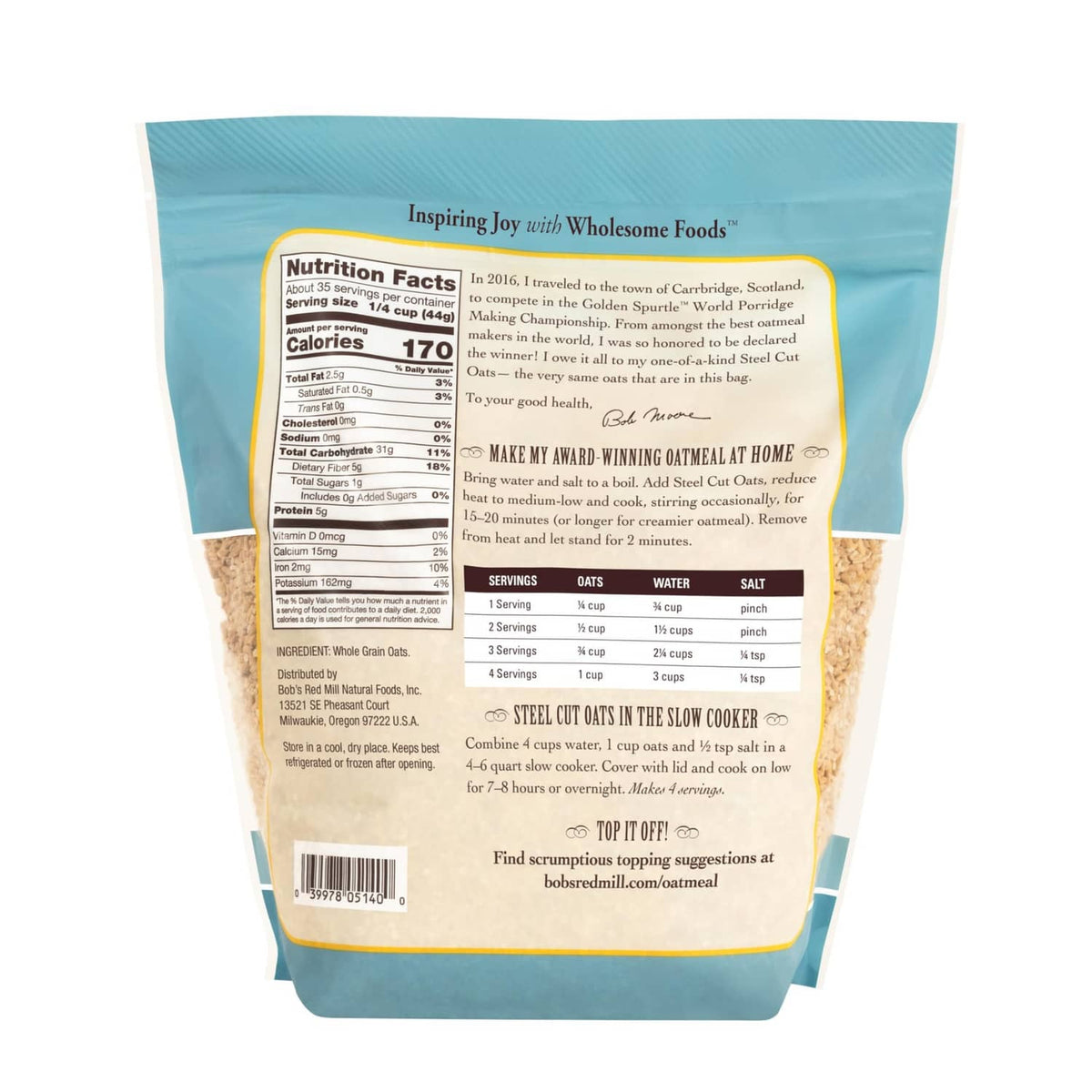 Bob's Red Mill steel cut oats pouch, back panel with nutrition facts and ingredients list