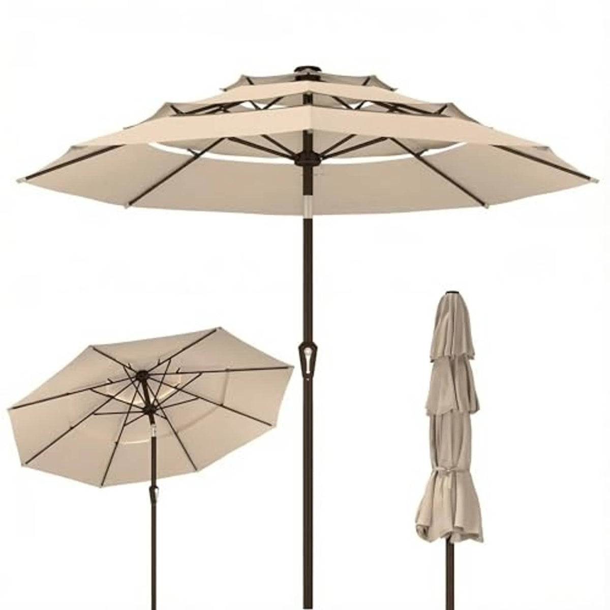 Beige 3-tier outdoor umbrella with extended canopies and dark support pole