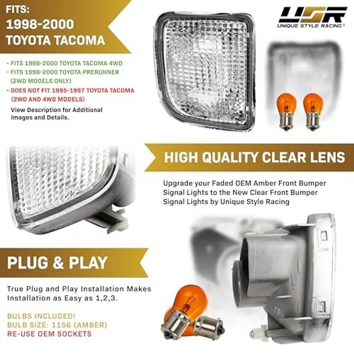 Clear turn signal lens with amber bulb pair and mounting bracket illustration