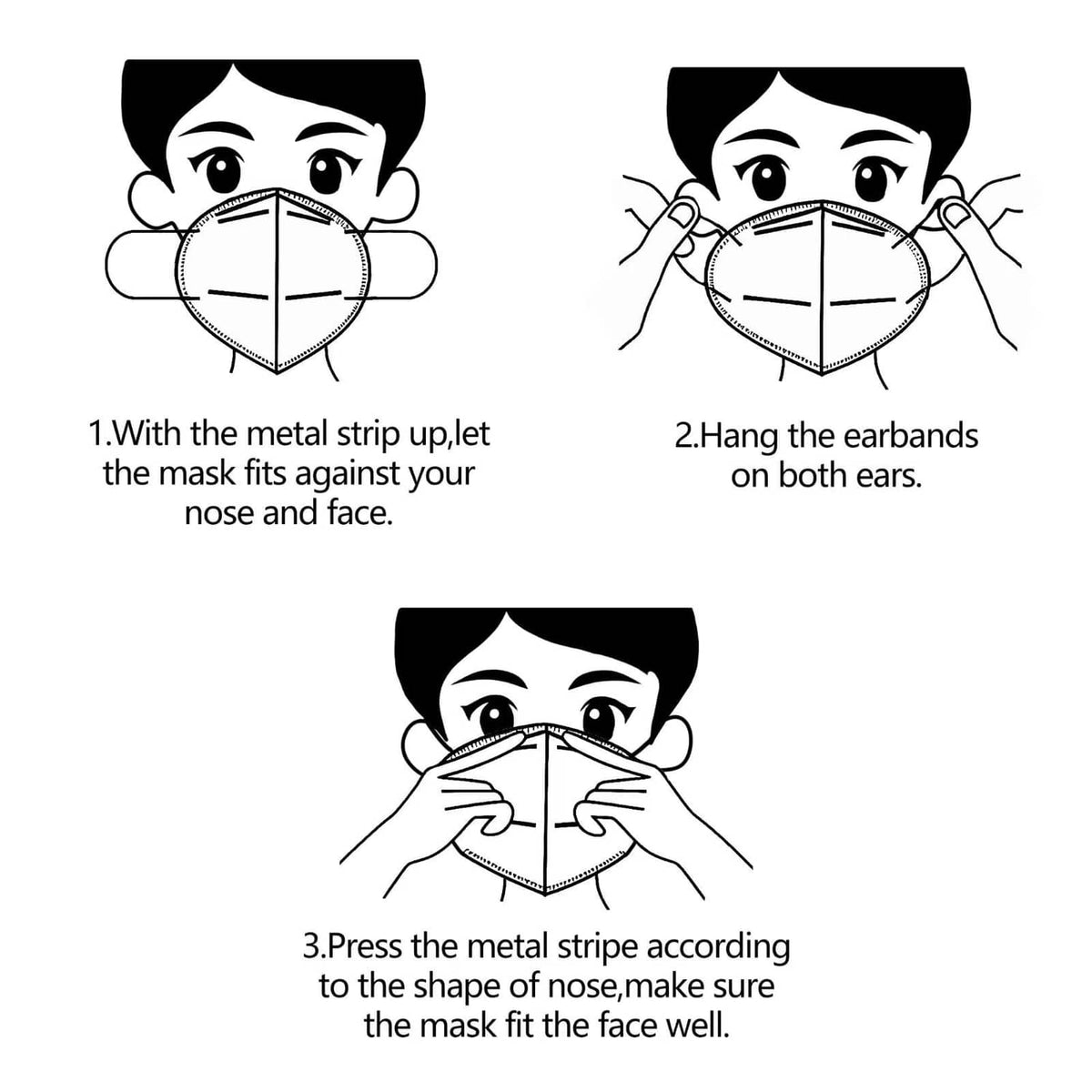 Black KN95 face mask fitting instructions with metal nose strip and ear loops