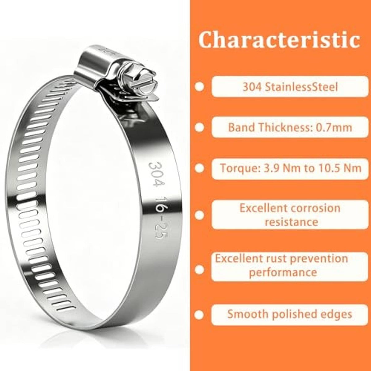 304 stainless steel hose clamp, perforated band with smooth edges and hex screw