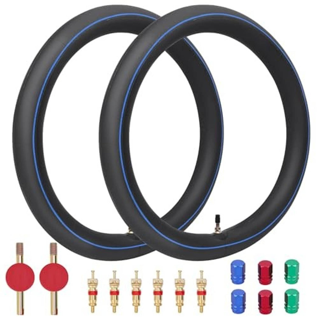Two black inner tubes with blue edge stripe and valve stem, shown side by side