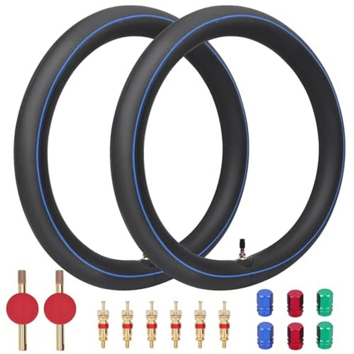Two black inner tubes with blue edge stripe and valve stem, shown side by side