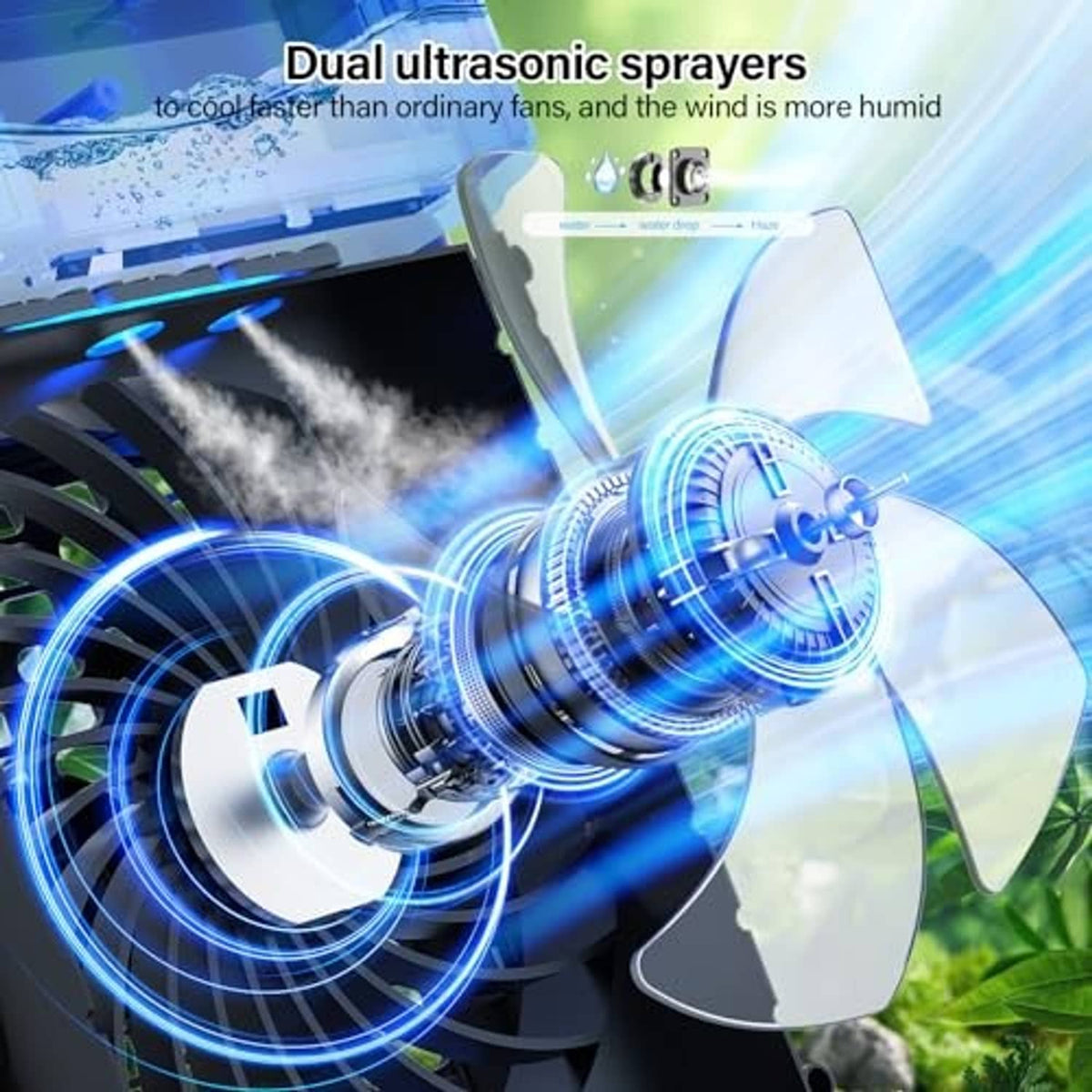 Portable air conditioner close-up with dual ultrasonic sprayers and mist airflow