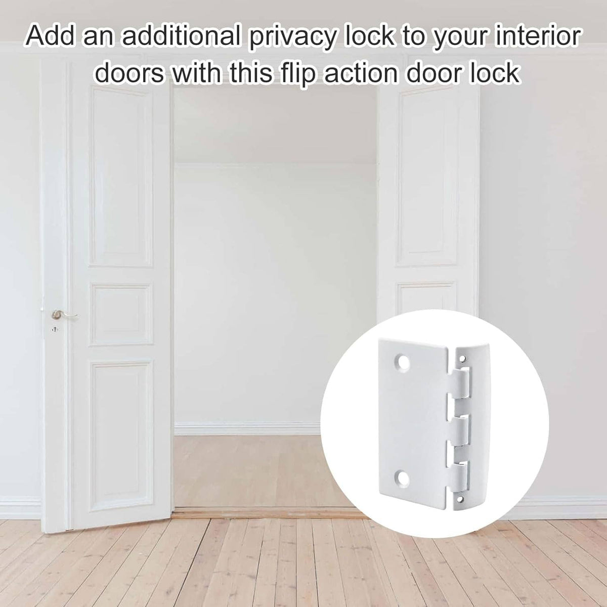 White flip action privacy door lock on door, showing side-mounted latch plate