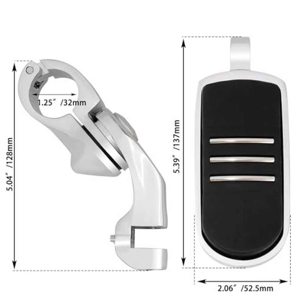 Measured chrome adjustable foot pegs with black rubber pads and angled mount