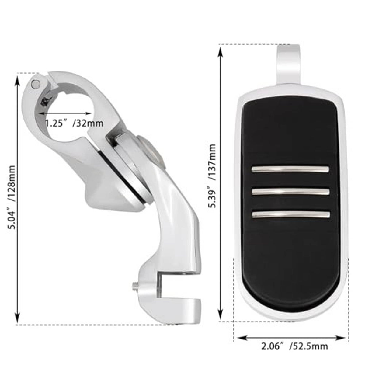 Measured chrome adjustable foot pegs with black rubber pads and angled mount