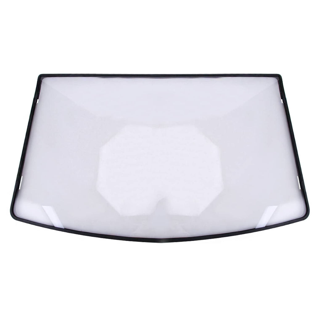 Close-up of clear UTV windshield panel with black lower edge trim and corner mounts