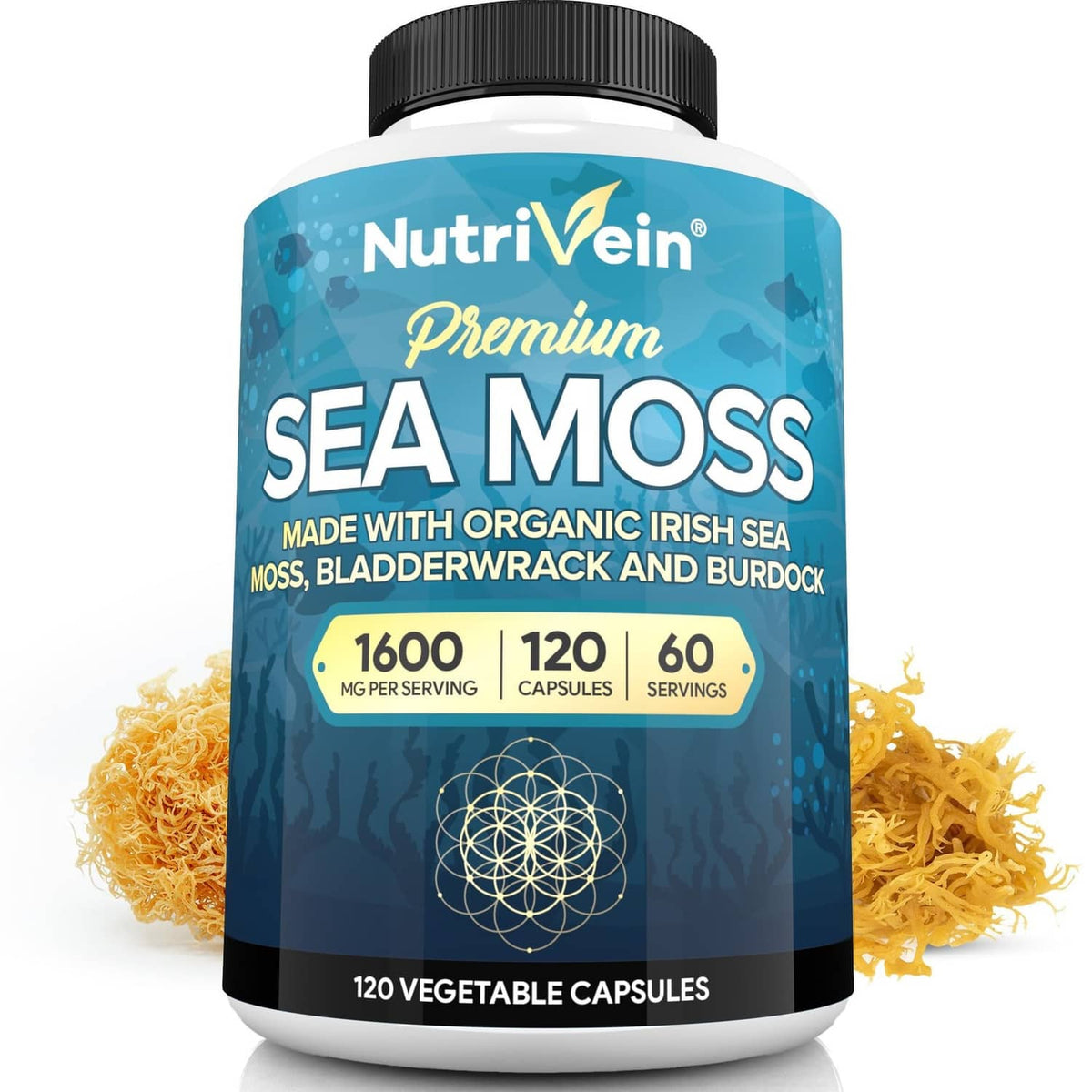 NutriVein Premium Sea Moss supplement bottle, 120 vegetable capsules, black cap