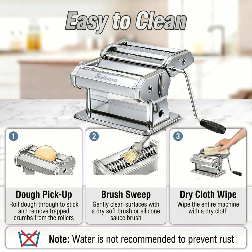 Silver manual pasta maker with roller drum for cleaning, brush and wipe steps