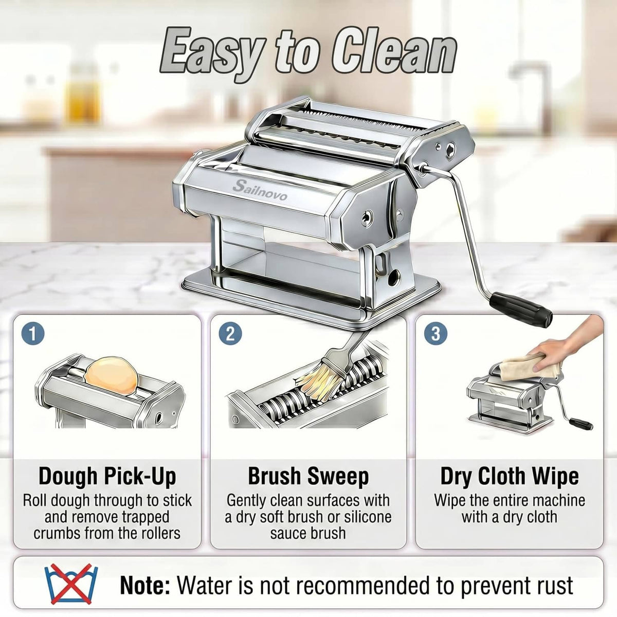 Silver manual pasta maker with roller drum for cleaning, brush and wipe steps