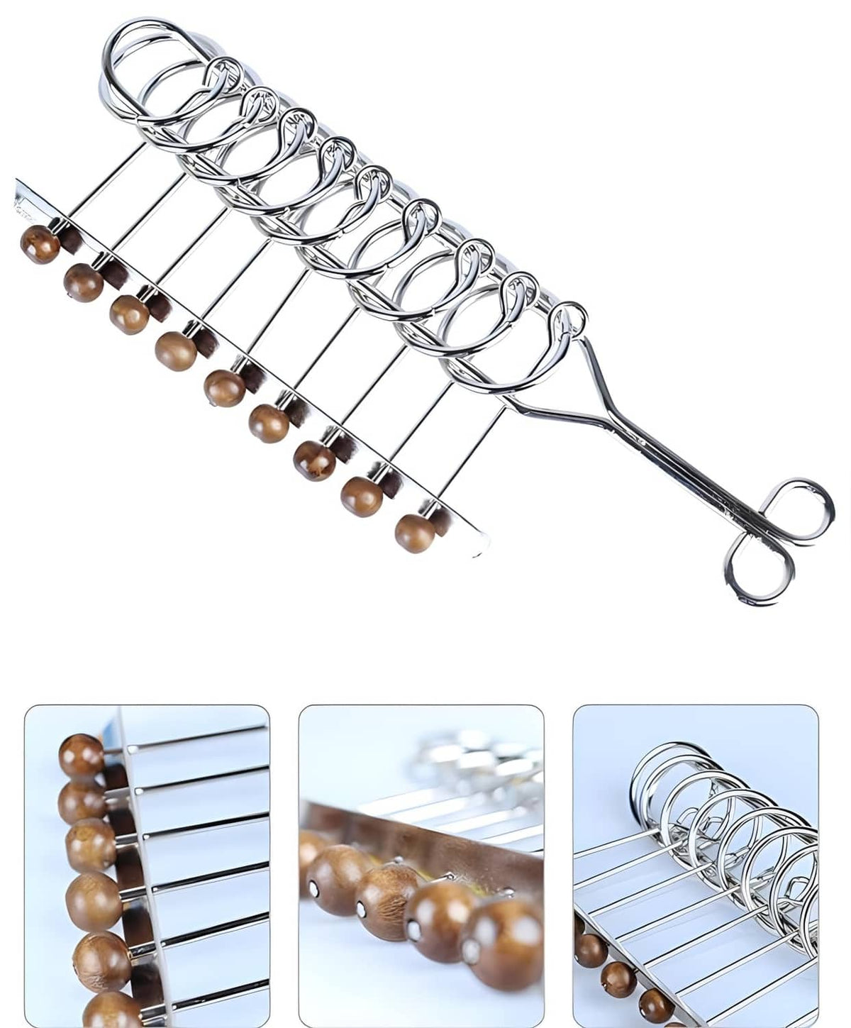 Metal linked ring puzzle with dangling wooden beads on wire supports, long view