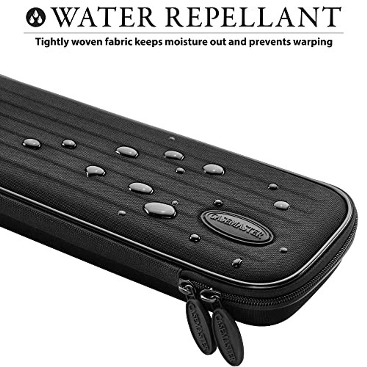 Black textured cue case end with zipper pull and protective water-resistant surface