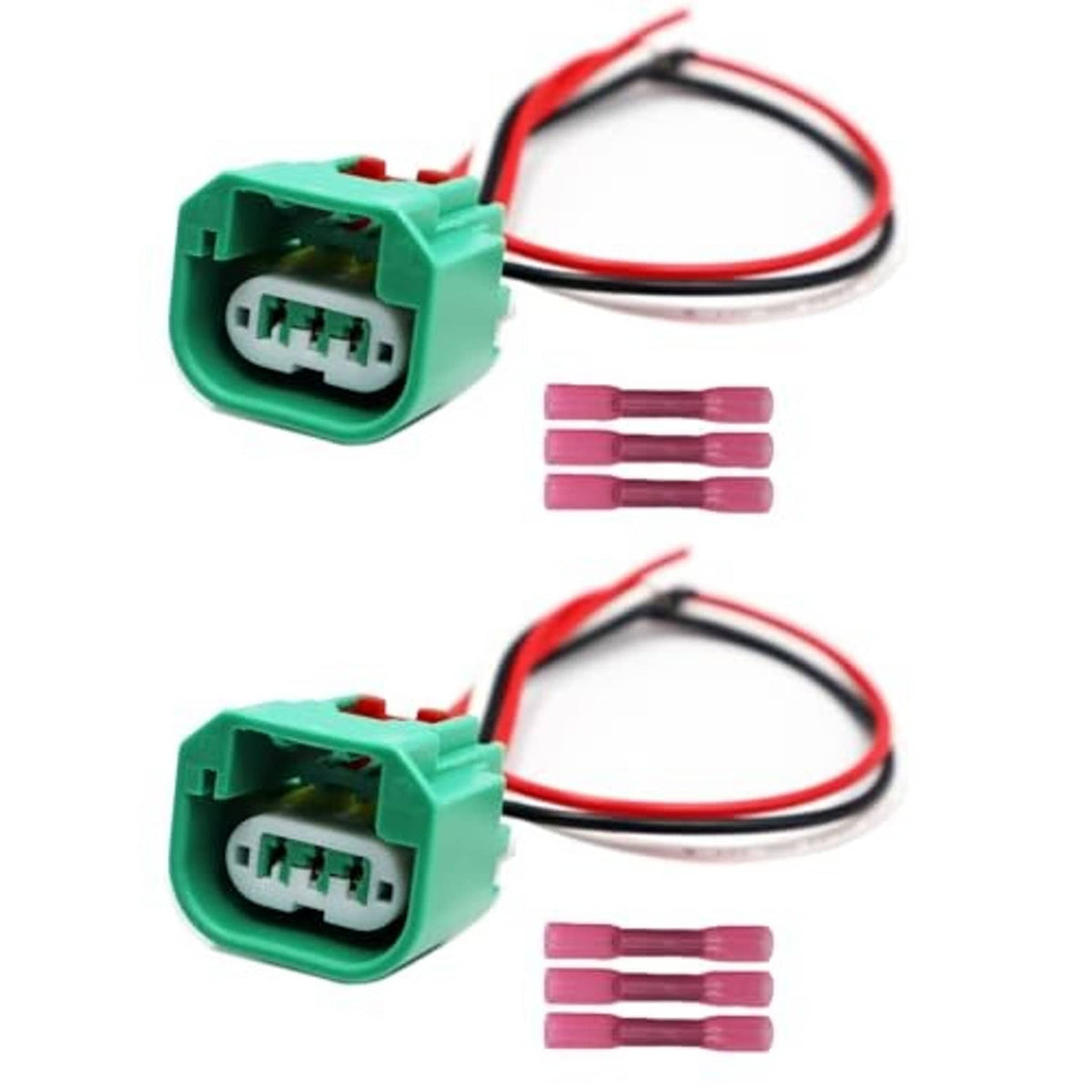 Green headlight wiring connector with red/black leads and pink terminal pieces