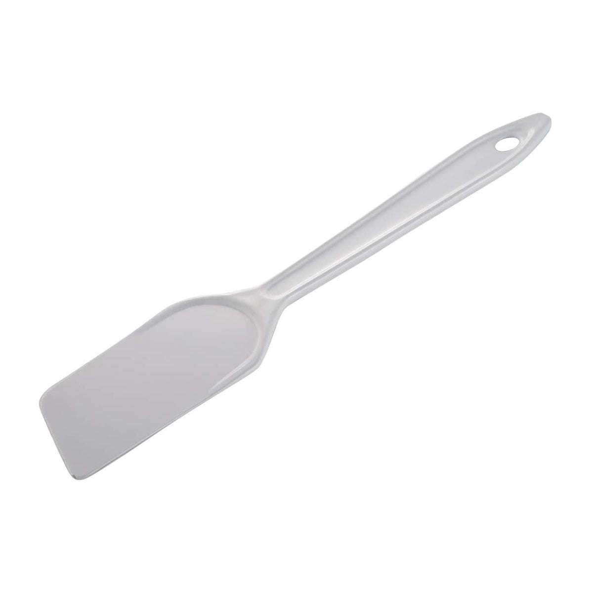 White plastic flat spatula with curved blade and oval hole on handle