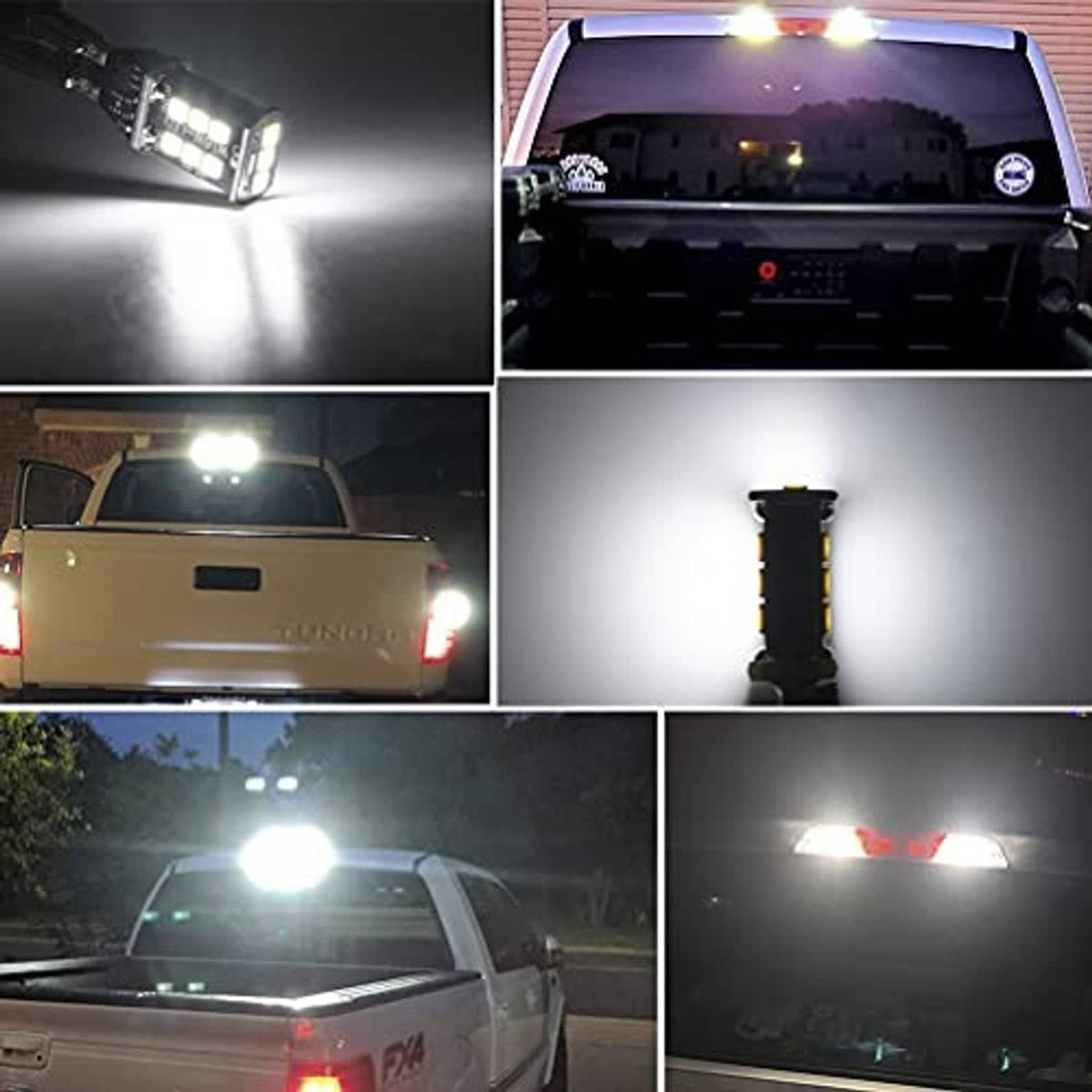 LED third brake light bulbs illuminated, two black bases emitting bright white light