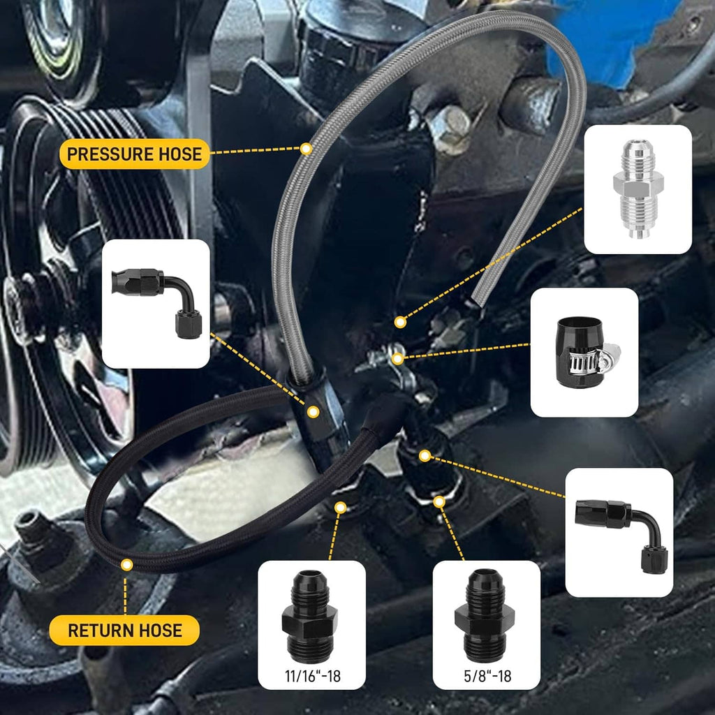 Power steering hoses installed in engine bay with pressure and return hose connections