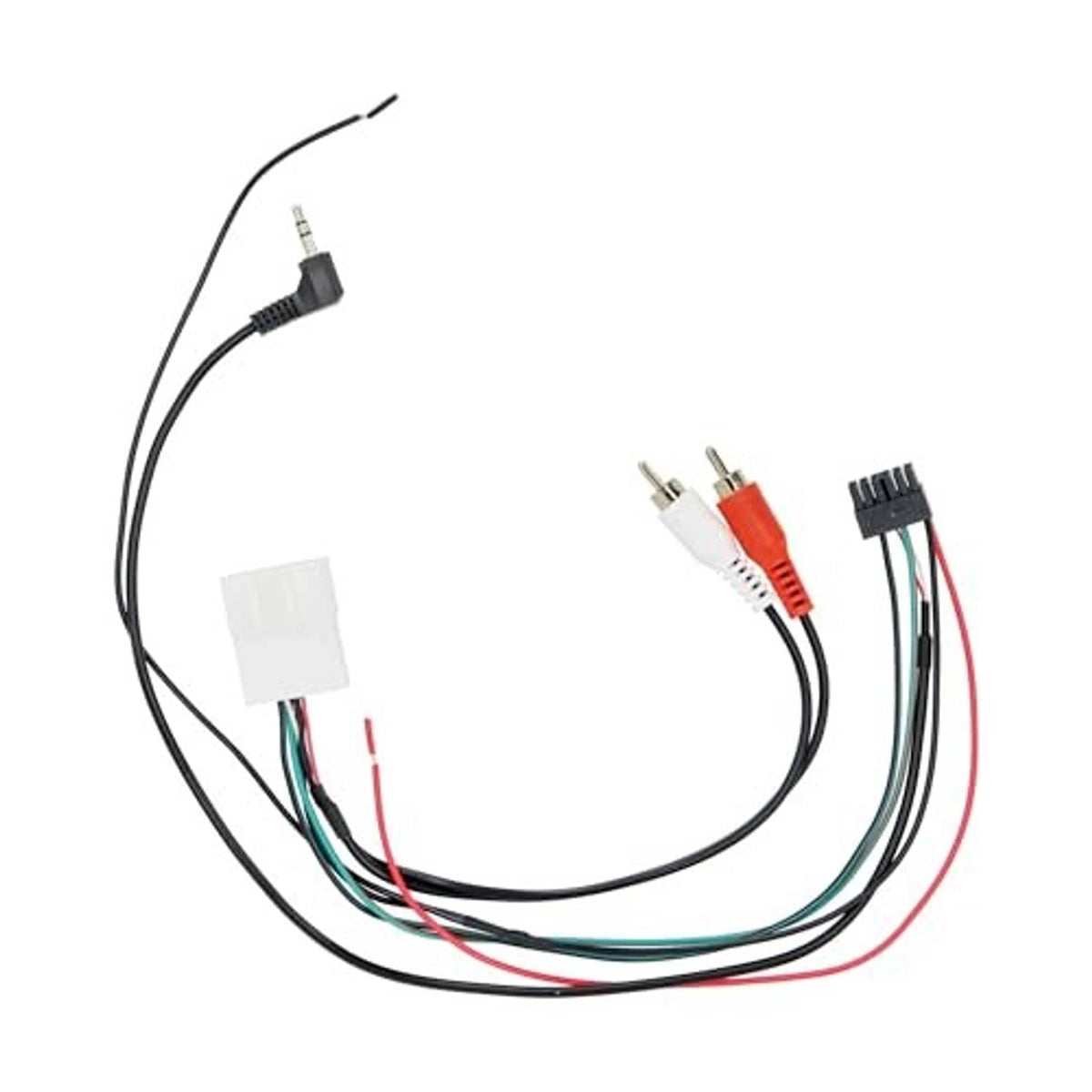 Multi-lead wiring harness with audio jack adapter and RCA-style connectors