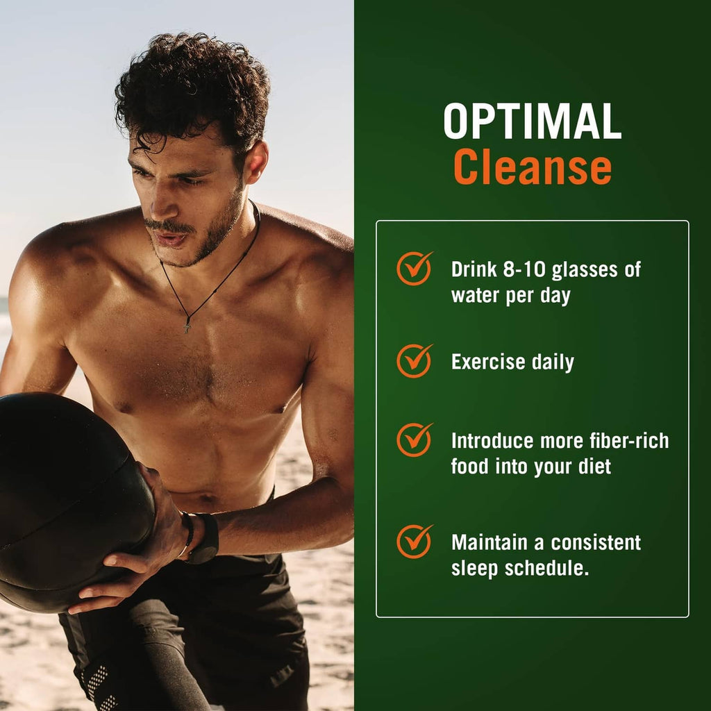 Optimal cleanse tips panel: water glasses daily, exercise, fiber-rich food, sleep