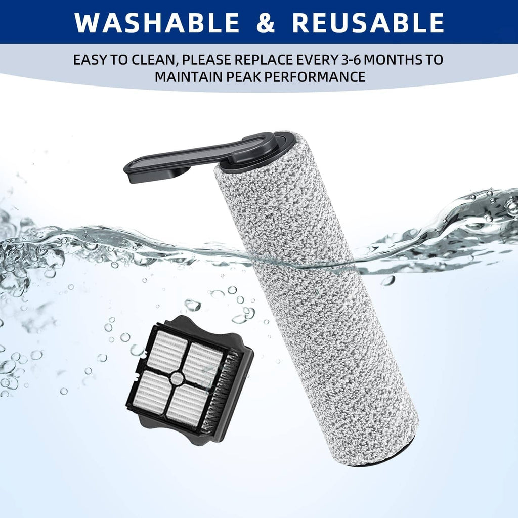 Washable speckled brush roller and HEPA filter replacement, with water droplets