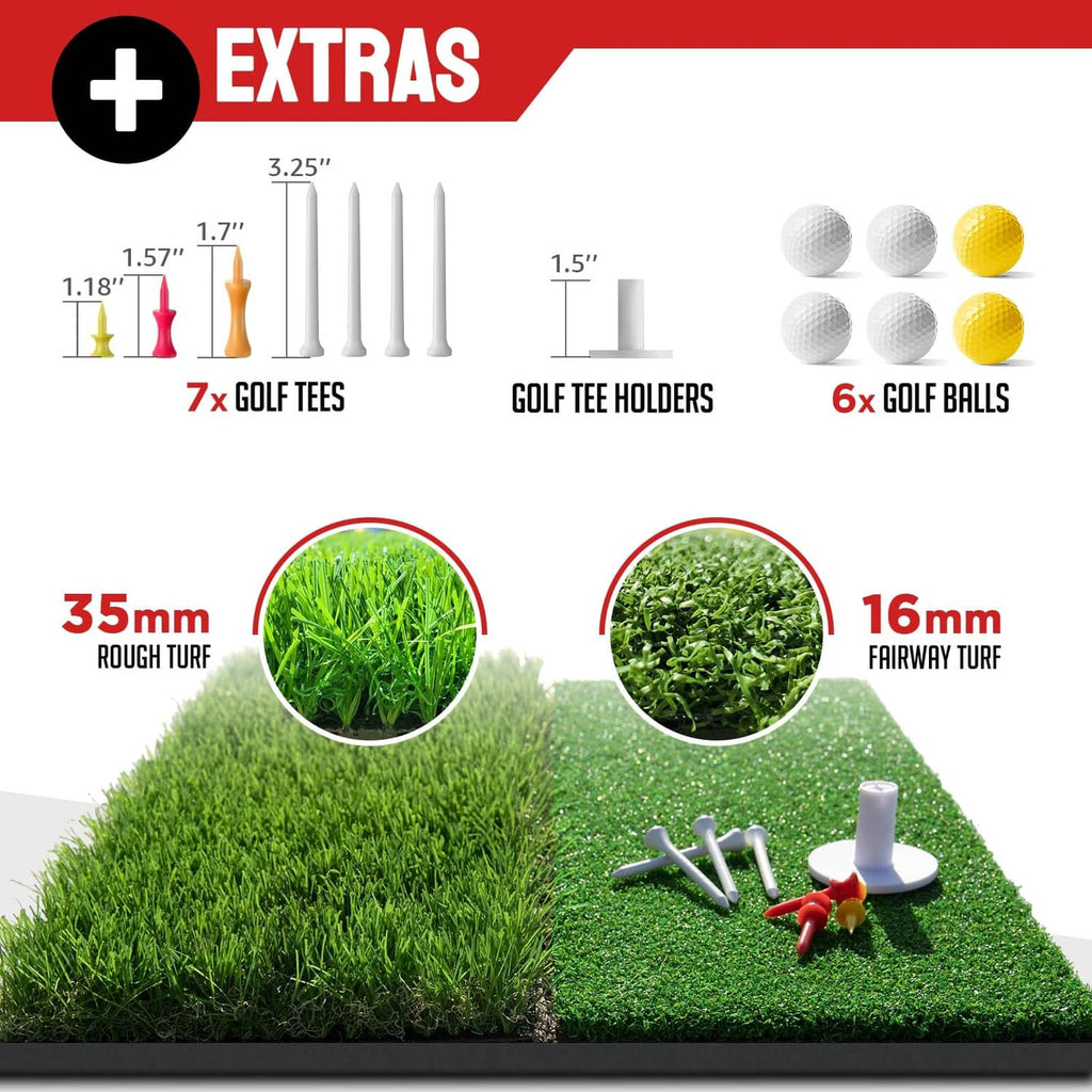 Golf practice extras set with golf balls, tees, holders, and turf mat