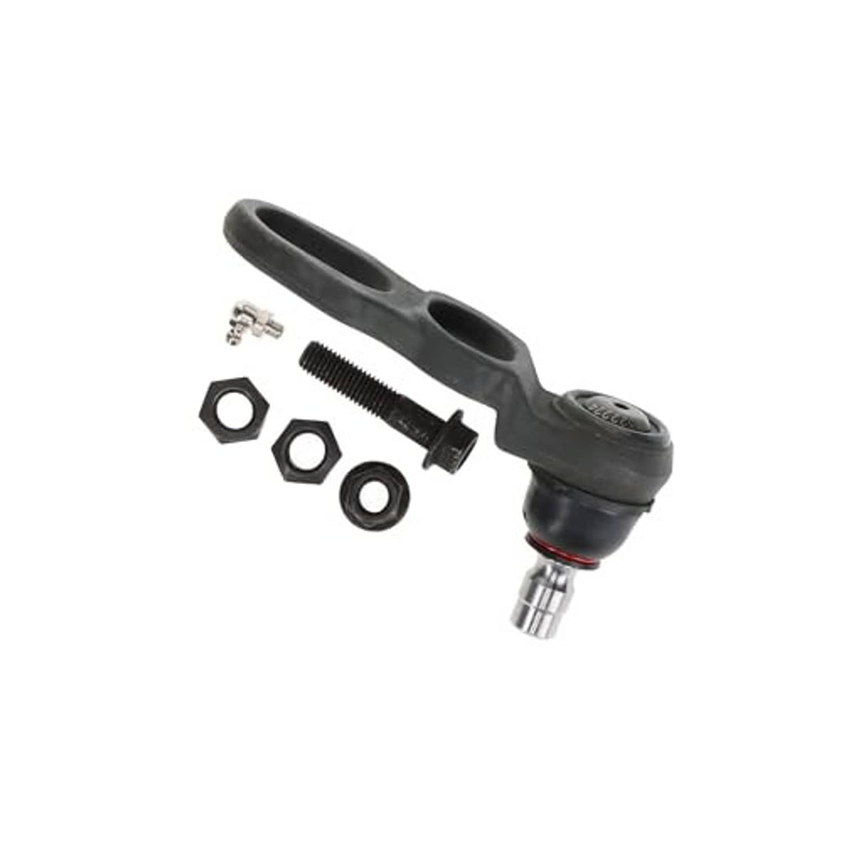 Black rubber ball joint with metal stud and separate hardware pieces
