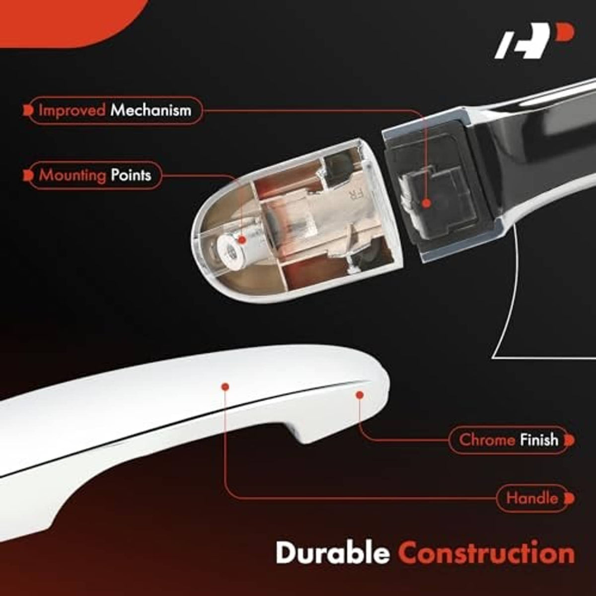 Exterior door handle cross-section with internal mechanism and chrome finish shown