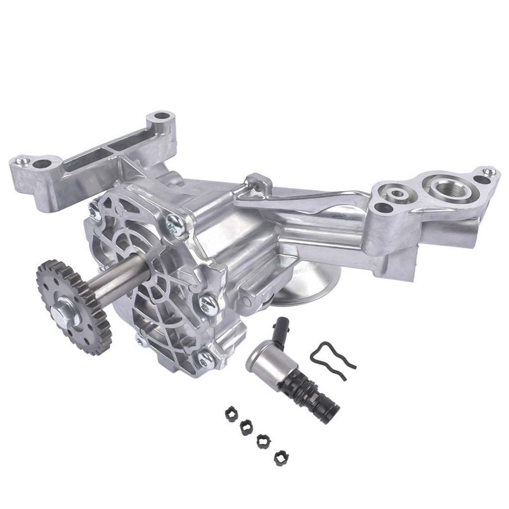 Metallic oil pump assembly with side gear wheel and outlet port, includes fasteners