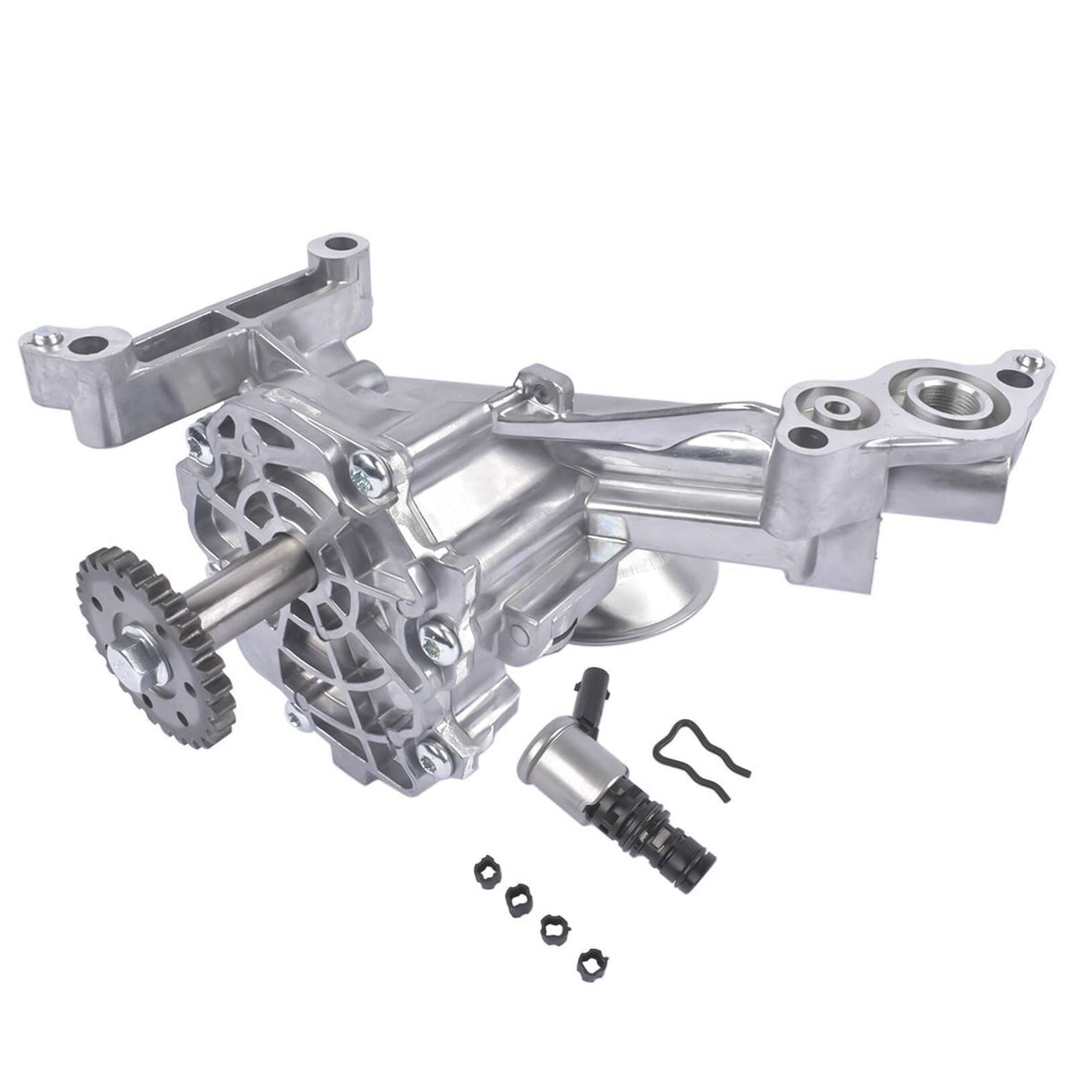 Metallic oil pump assembly with side gear wheel and outlet port, includes fasteners