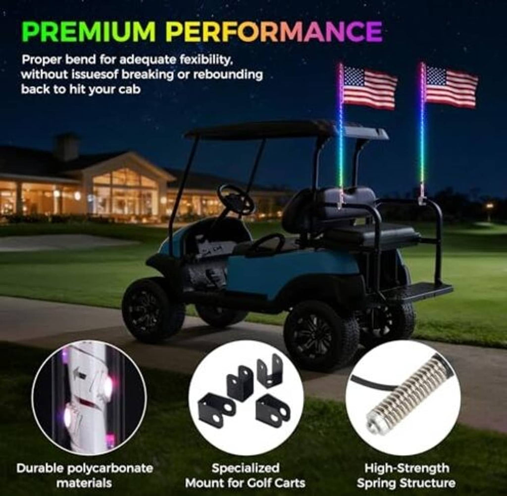 Golf cart whip light poles glowing blue with accessory mounts and spring structure