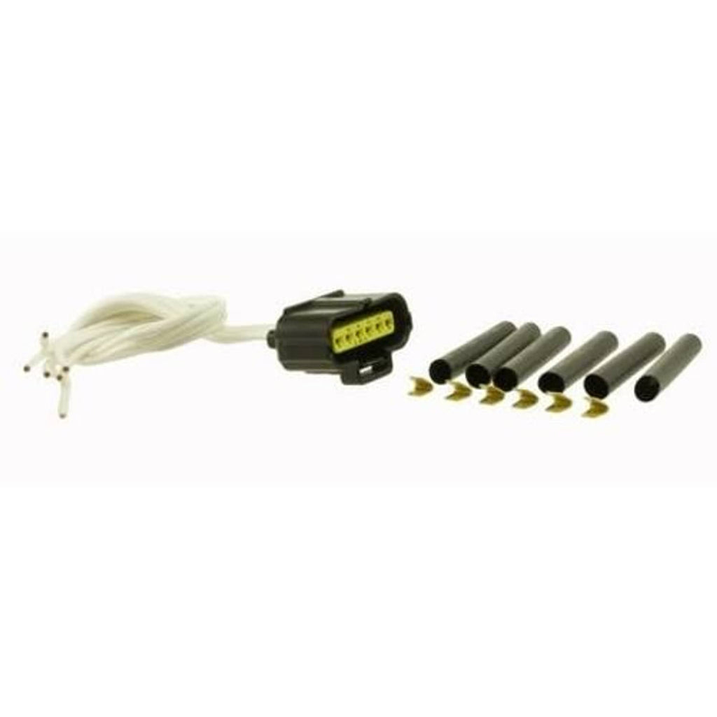 MAF pigtail connector kit with black plug, white wires, and gray terminals