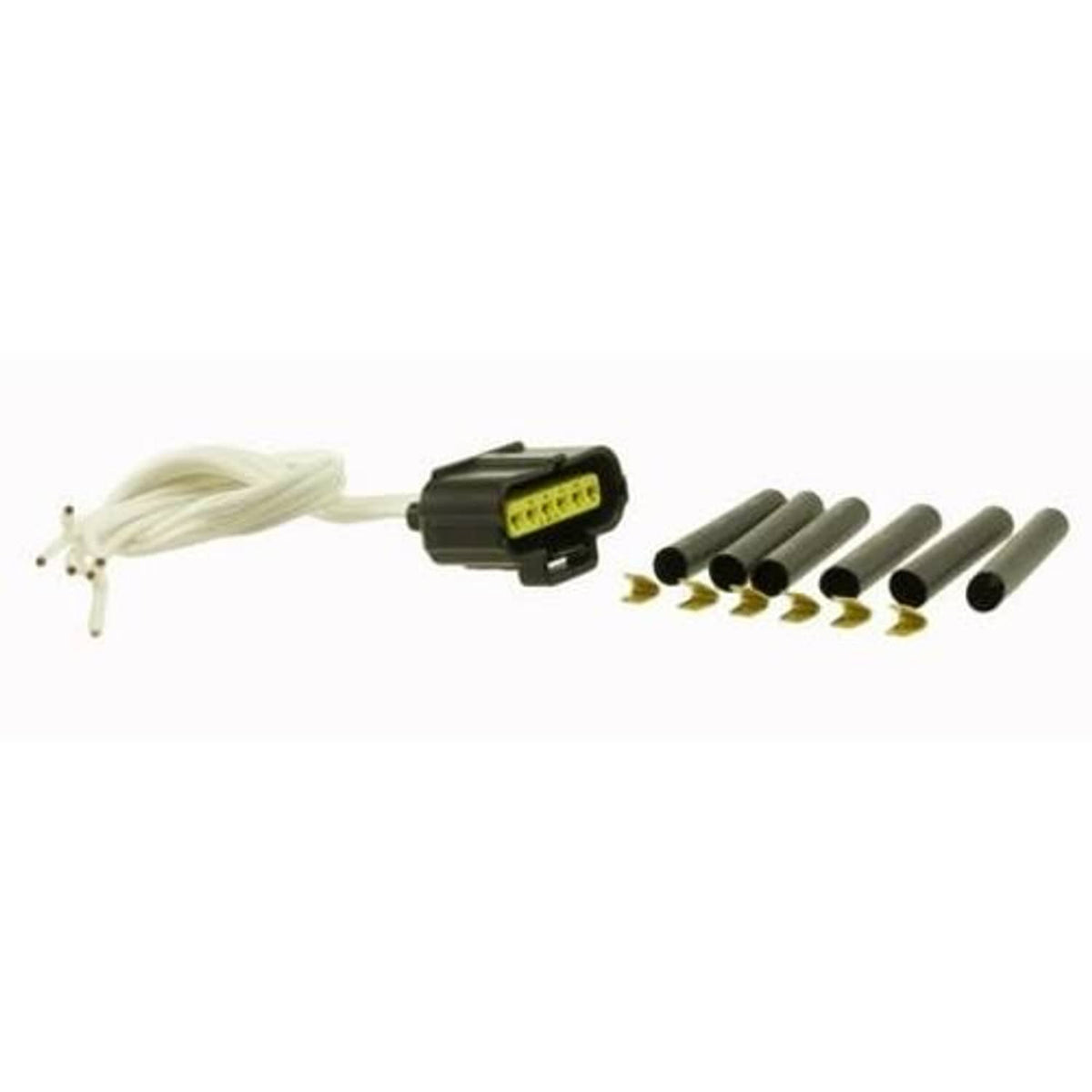MAF pigtail connector kit with black plug, white wires, and gray terminals