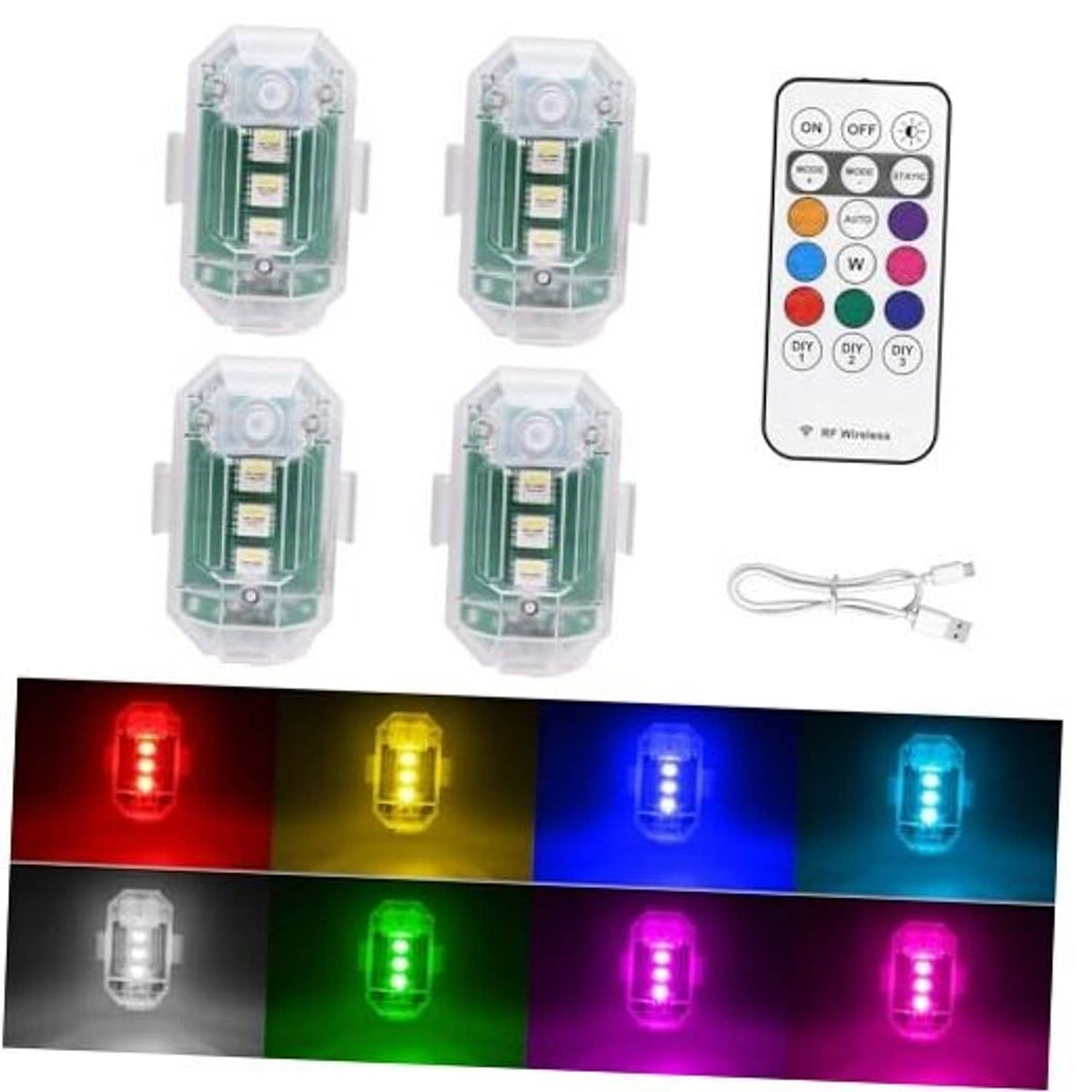 Set of clear LED strobe lights with remote and USB cable, 4 pack