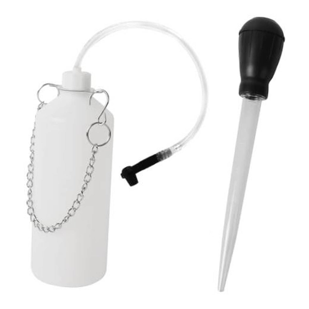 Brake bleeder vacuum pump kit with white fluid bottle, clear hose, and black hand tube
