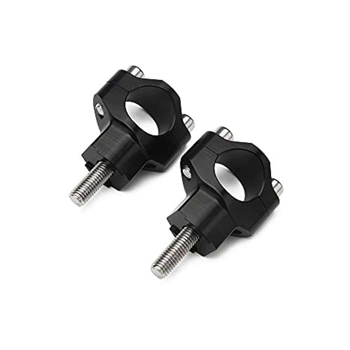 Black handlebar riser clamps with raised bracket design and silver mounting hardware