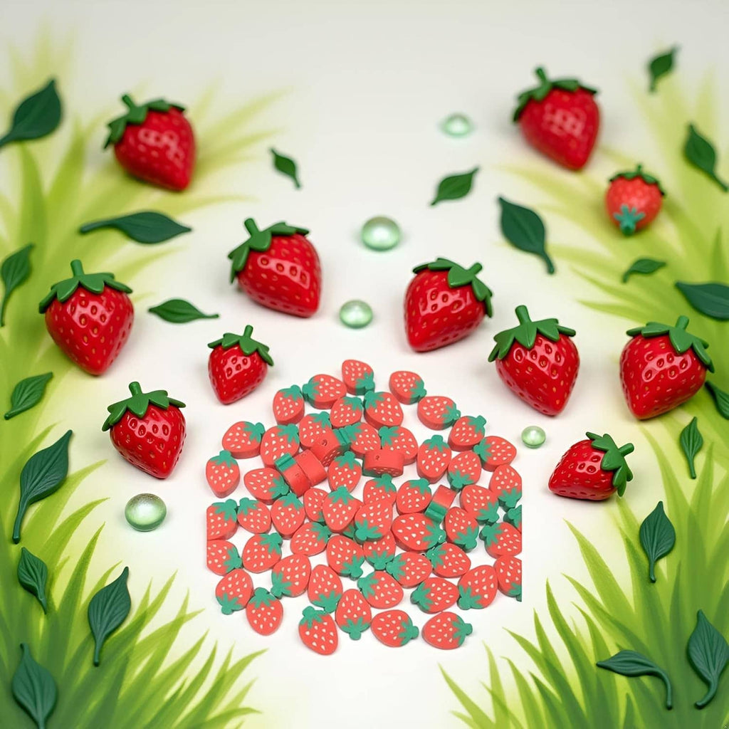 Strawberry-shaped polymer clay beads arranged in a small center cluster with sprinkles.