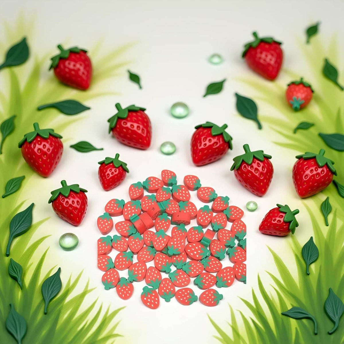 Strawberry-shaped polymer clay beads arranged in a small center cluster with sprinkles.