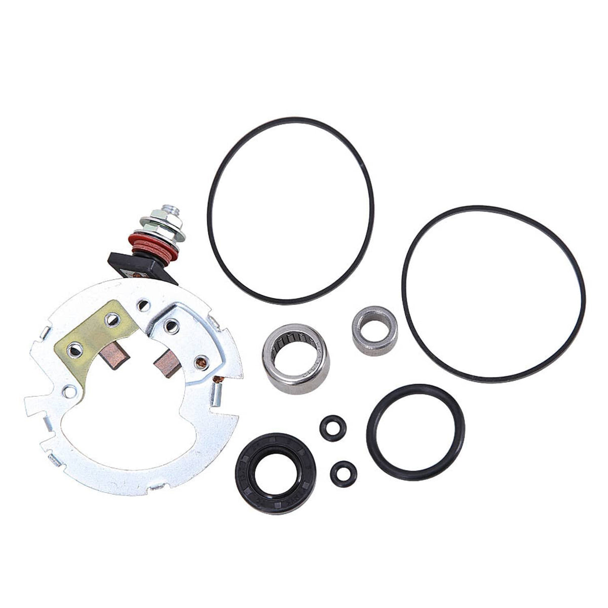 Starter brush plate kit with circular seal rings, bearings, and brush assembly
