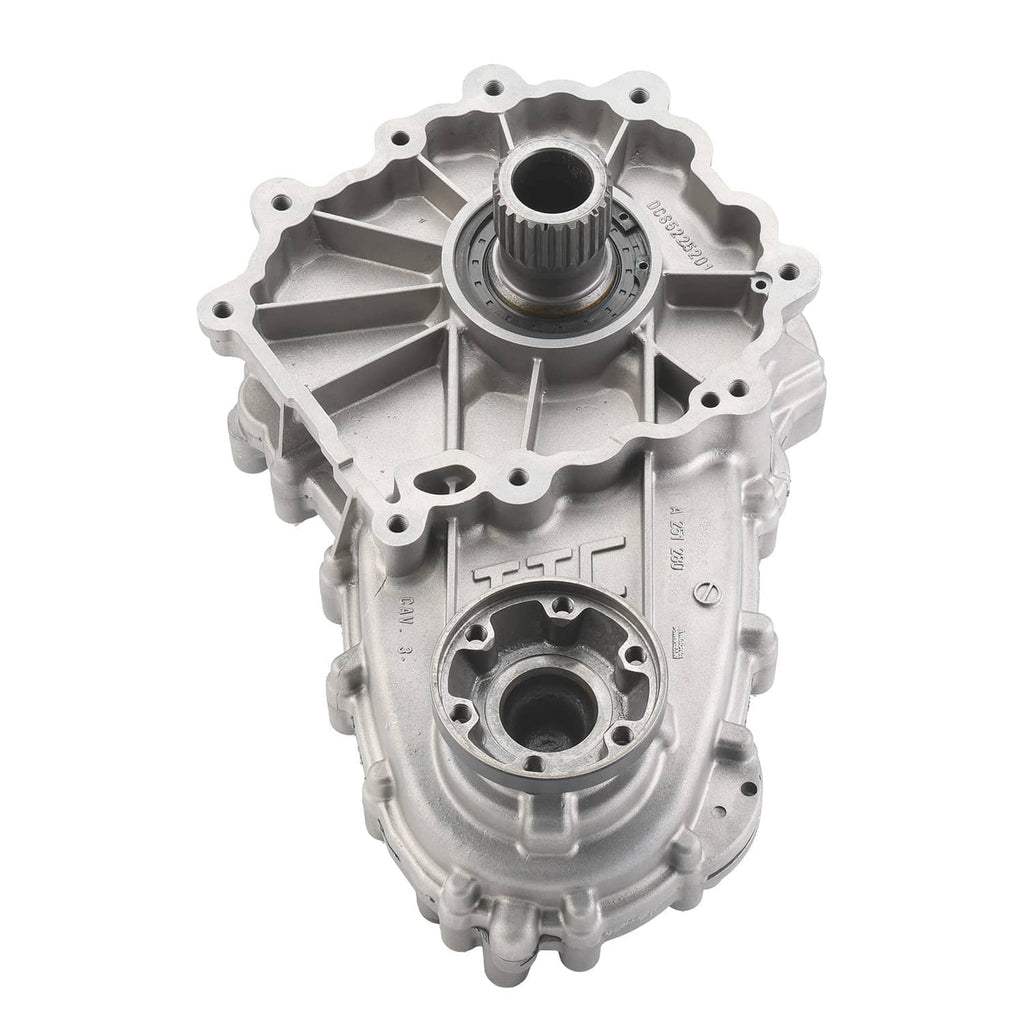 Silver transfer case assembly with circular ports and raised metal housing