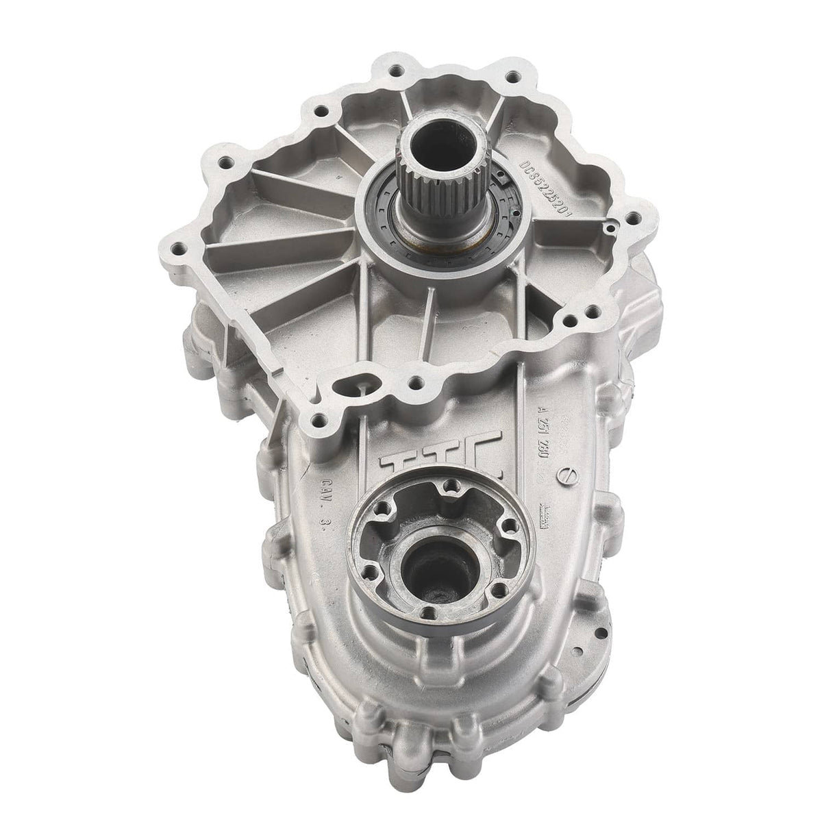 Silver transfer case assembly with circular ports and raised metal housing