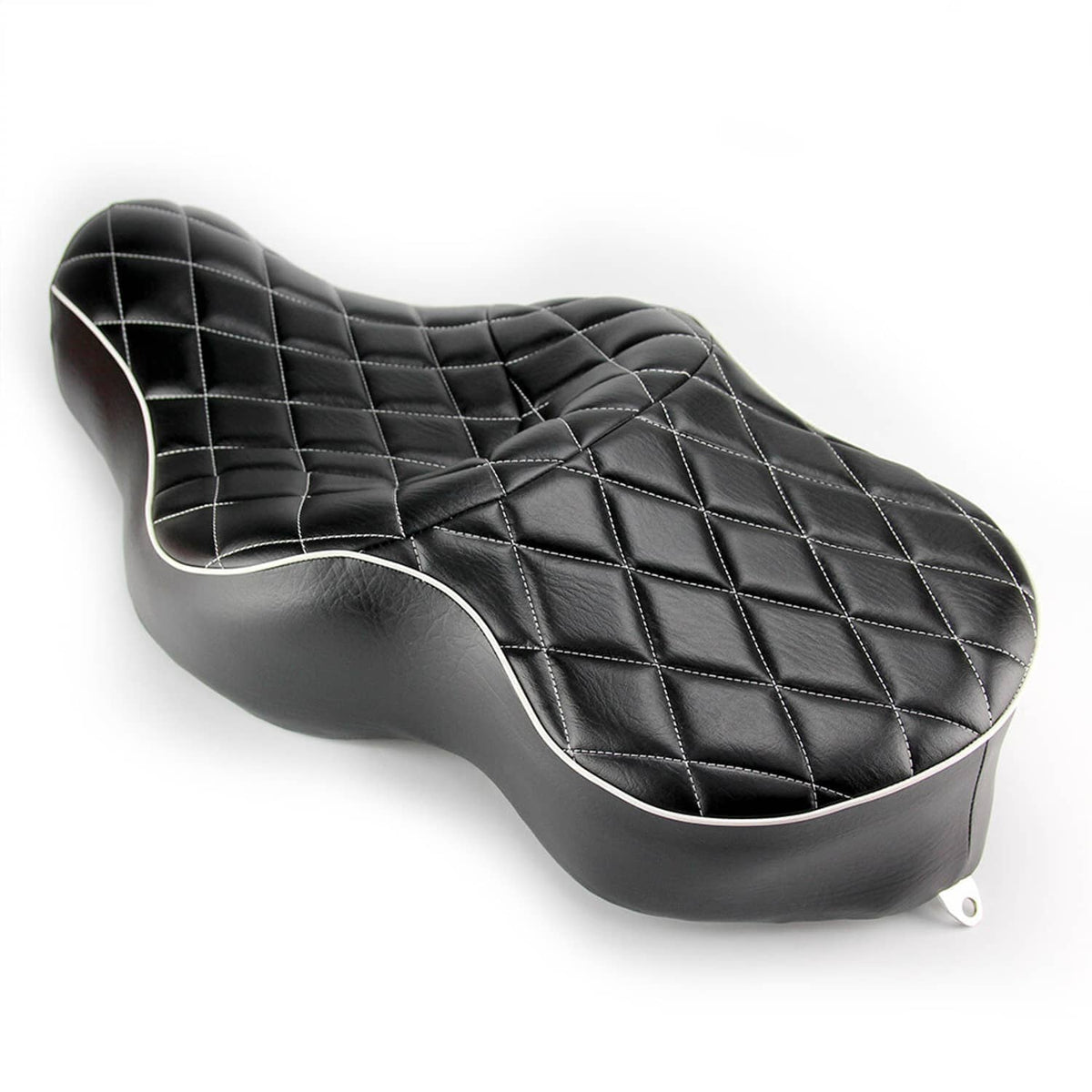 Black two-up motorcycle seat cushion with quilted diamond pattern and curved rear