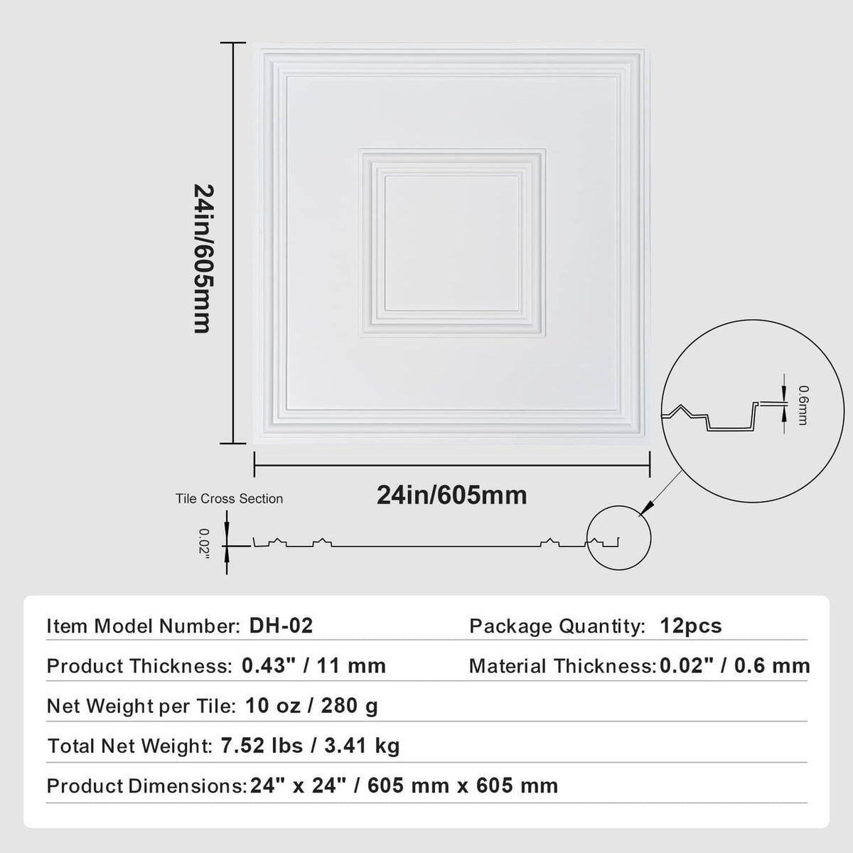 White ceiling tile with square frame design; size shown as 24 in/605 mm