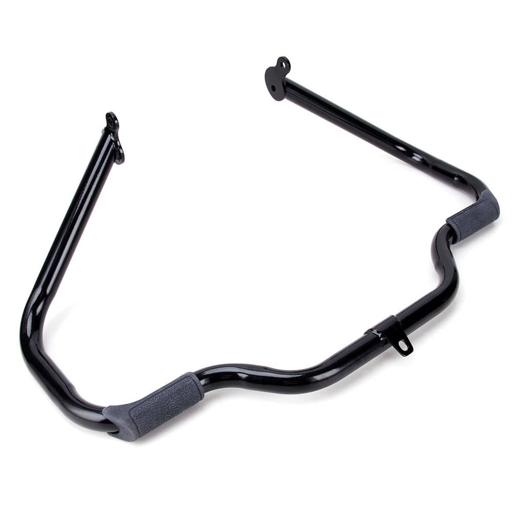 Black engine crash guard bar with padded touch points and side mounting arms